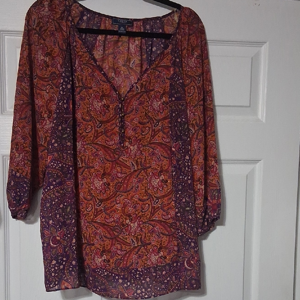 Chaps Orange and Purple Paisley Split-Neck Tunic